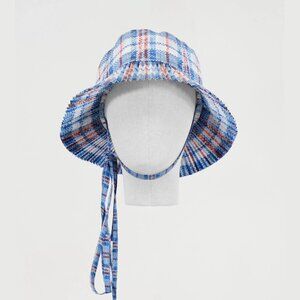 💖 NWT Mario's Pleated Bucket Hero Hat in Blue Tartan Print